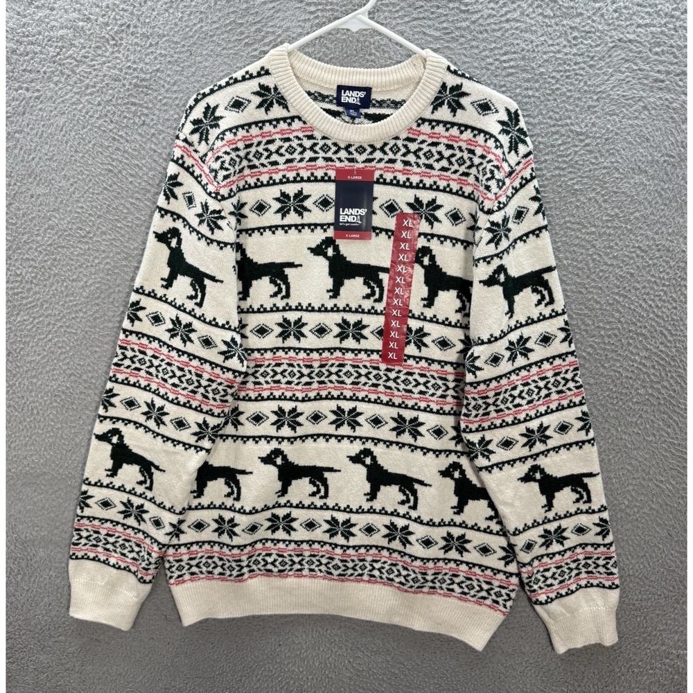Lands End Sweater Adult XL Multicolor Fair Isle Knit Crewneck Geometric Dog NEW